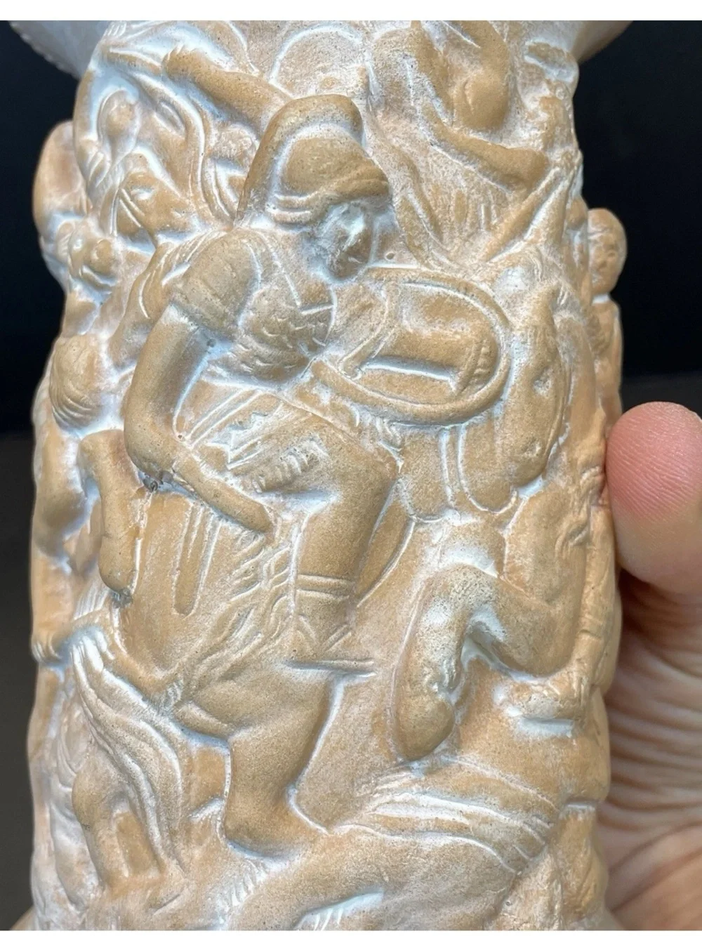 Italian Terracotta Vase Roman Gladiator  Relief Carving White Powder Patina
